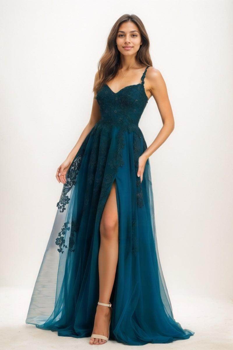 A-Line V-Neck Satin/Tulle Prom Dresses With High Split CS0755 - COCOMELODY